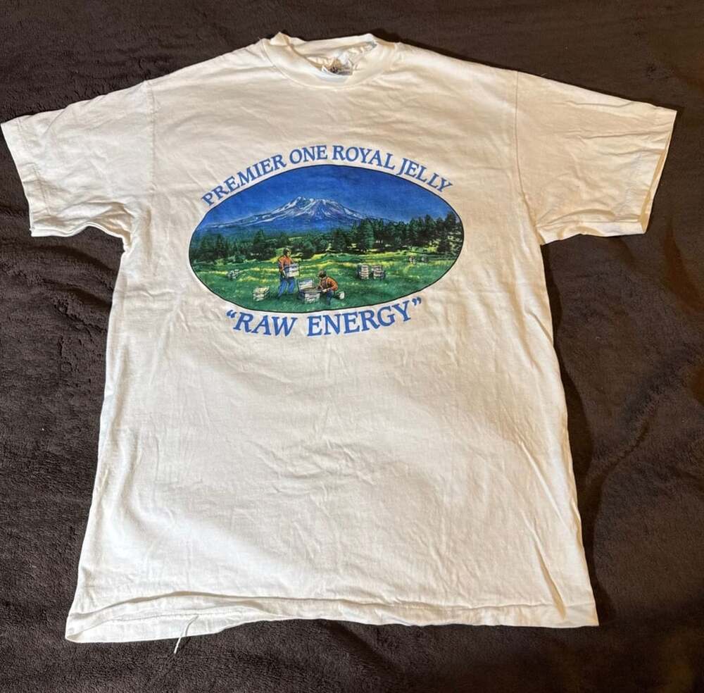 Hanes Premier One Royal Jelly Raw Energy T-Shirt Medium White Cotton Vintage